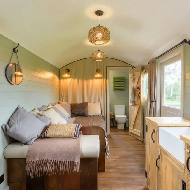 Shepherd hut interior at a glamping site in North Wales