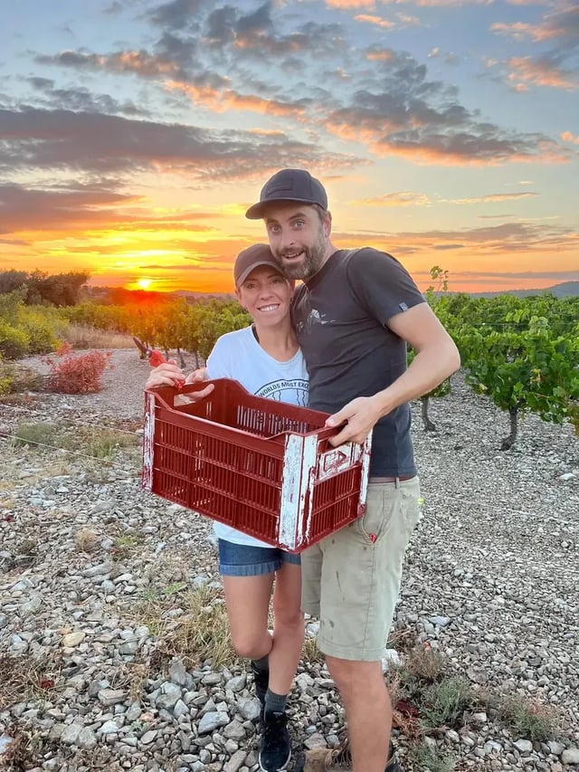 Couple holding a harvest crate in a vineyard at sunset